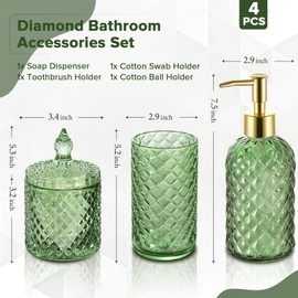 RYTOXILO Green Bathroom Accessories Set, 4 Pack Olive Green Bathroom Decor Accessory Sets Complete, Diamond Glass Soap Dispenser and Toothbrush Holder Set for Bath Counter Organizer Essentials