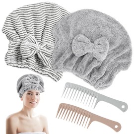 HMIEPRS 2 Pack Microfiber Hair Towel Cap, Quick Drying Cap Soft Absorbent Towel and 2 Combs for Curly Long Thick Dry Wet Hair
