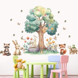 SMAOSTORE Wall Sticker Forest Animals Bunny Raccoon Rabbit Large Tree Sticker Stylish Kids Room Bedroom Kindergarten Classroom Background Wall Waterproof Removable Wall Paper Wallpaper Sticker