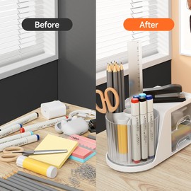 360°Rotating Pen Holder Desk Organizer with 2 Drawer, Pen Holder for Desk，Desk Organizers and Accessories with 6 Slots Pencil Organizer + 2 Drawer, Art Supply Storage Box Caddy for Office (White)