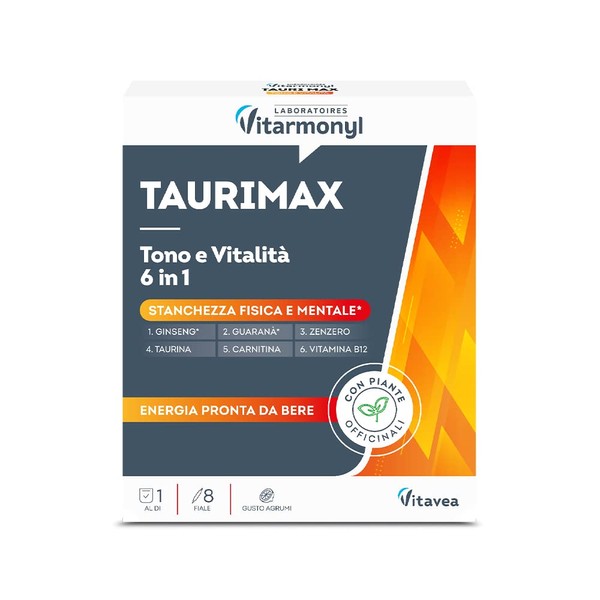 VITARMONYL - TAURIMAX - Dietary Supplement for Tone and Vitality - Against Physical and Mental Fatigue - With Ginseng, Guarana, Ginger, Vitamin B12 and Taurine - Pack of 8 Vials - 80 ml