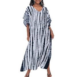 Chunoy Women Bohemian V Neck Kaftan Tie Dye Oversize Caftan Kimono Beach Cover Up Loungewear Maxi Dress White Blue
