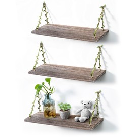 MITIME Leaf Rope Hanging Floating Shelves, Wall Swing Storage Shelf for Home Decor.17, 3-Pack (Retro Color)
