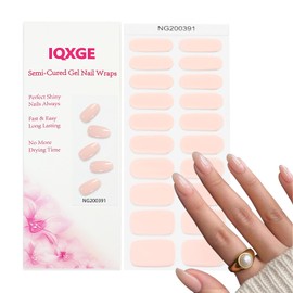 IQXGE 20Pcs Semi Cured Gel Nail Strips Nature Nude Gel Nail Stickers UV/LED Light Needed Full Polish Nails Wraps Gloss Nails Polish Strips for Women Includes Prep Pads, File, Wooden Cuticle Stick