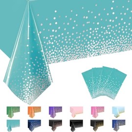 MORAINJAY 4Pcs Lake Blue and Silver Dot Party Tablecloth,137x274cm Rectangle Table Cloth,Waterproof Plastic Confetti Table Cover for Picnic,Wedding, Birthday,Christmas Table Decorations
