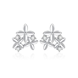 Sterling Silver Floral Stud Earrings for Women, Cubic Zirconia, Three Flower Design, Hypoallergenic