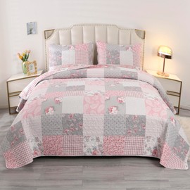 Oversized King Size Pink Grey Floral Plaid Patchwork Quilt Set 128x120 Extra Wide Super King Size Rversible Quilted Bedspread Coverlet Set 3-Piece Comforter Bedding Set Bed Cover with 2 Pillow Shams