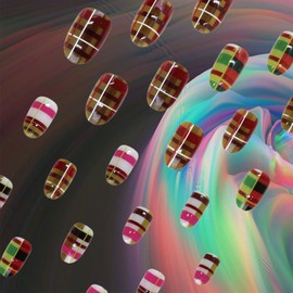 Grid Press on Nails Glossy Colorful Acrylic Fake Nail Mesh Fabric Stick on Fingernails 24Pcs White Line Medium Almond False Nails Autumn and Winter Gel Glue on Nail for Coquette Women Girls