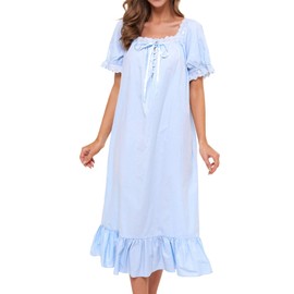 Lu's Chic Women's Victorian Nightgown Cotton Sleepwear Long Loungewear Short Sleeve Soft Nightwear Night Dress Sleep Calf Length Ruffle Nightdress Scoop Neck Lace Solid Blue X-Large