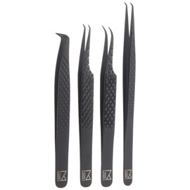 M LASH Set Of 4 Diamond Grip NANO Fiber Tip Eyelash Extensions Tweezers - Classic & Volume Tweezer - Japanese Steel Lash Supply (Black)