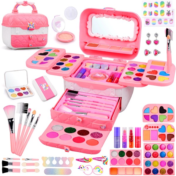 ARANEE 80Pcs Kids Make Up Set for 3-10 Years Girls, Washable Play Makeup Toy with Unicorn Storage Box, Safe & Non-Toxic, Ideal As Present for Girls Birthday, Christmas, Halloween or Theme Party