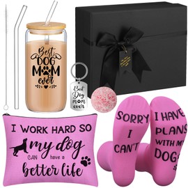 Mifoci 5 Pcs Dog Mom Dog Lover Gifts for Women 16 oz Coffee Glass with Straws Lids Pets Socks Makeup Bag Stainless Keychain Gifts Basket Box for Mothers Day Pets Women(Pink)