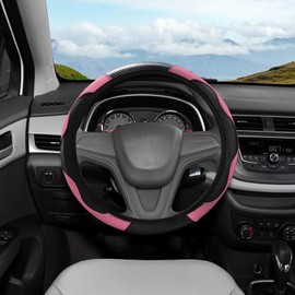Car Steering Wheel Cover, 15 Inch Carbon Steering Wheel Cover, Breathable Anti-Slip Steering Wheels Accessories for Men Women, Car Interior Accessories for Most Cars (Carbon Black Pink)
