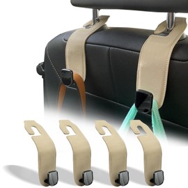 Teoenix Car Seat Headrest Hook, 4 Pack Leather Car Purses and Bags Hooks Holder Hanger for Car Groceries Organization Accessories, Tan