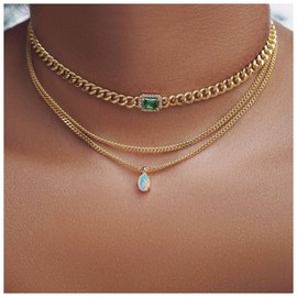 Yheakne Vintage Layered Moonstone Emerald Necklace Green Emerald Choker Necklace Gold Moonstone Pendant Necklace Emerald Square Necklace Chain Curb Chain Necklace Jewelry for Women and Girls