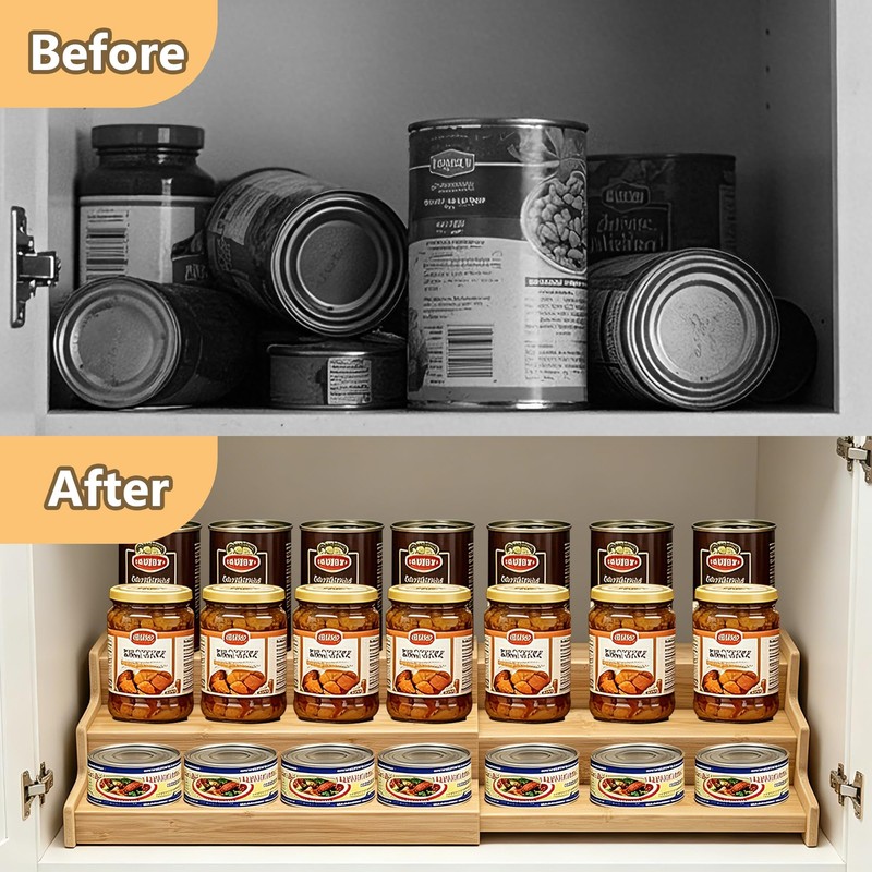 TISTON Expandable Bamboo Can Organizer for Pantry, 3-Tier Adjustable Pantry