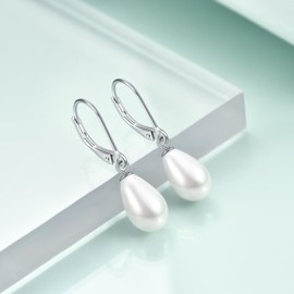 Rnivida 925 Sterling Silver Pearl Drop Earrings,8MM White Pearl Dangle Earrings for Women,Minimalist Pearl Jewelry Gift for Bridesmaids