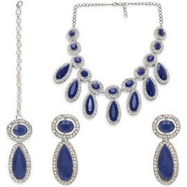 Parshwa Creation Juego de collar de abalorio de resina de aleacin azul real con arete y Maang Tikka, tono plateado, diseo de lgrima de diamantes de imitacin, joyera de boda para mujer