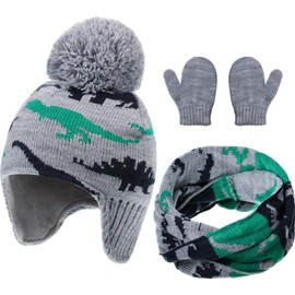 Baby Boy Hat Scarf Mittens Set Winter Warm Hat Knitted Beanie Gloves Toddler Fleece Mittens Earflaps