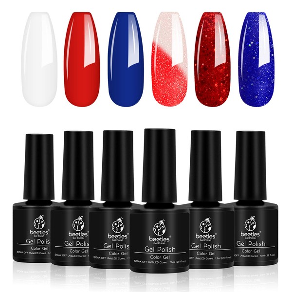 Beetles Red White and Navy Blue Gel Nail Polish Set - 6 Pcs Colors Royal Blue Glitter Gel Polish Color Changing, Soak Off Nail Lamp Cured, 7.3ml Each Bottle, Perfect for the 4th of July Manicure