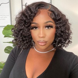 GOLFMAX Glueless Wigs Human Hair Pre Plucked Pre Cut Wear and Go Glueless Wig Curly Short Bob Wig Human Hair Wigs Deep Wave 4x4 Lace Closure Wigs Human Hair 10 Inch