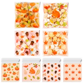 200 PCS Fall Cellophane Treat Bags(4x4 Inch) Small Thanksgiving Ziplock Bags for Candy Snack Goodie Cookie Gifts Wrap Autumn Self Sealing Pouch Baggies Friendgiving Party Favors Supplies Decorations