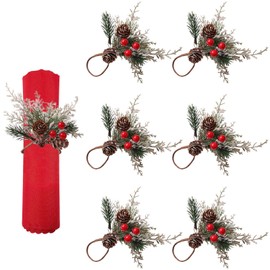 Napkin Rings for Christmas 6 Pack Snowy Pine Cones Red Berries Napkin Holder Rings for Christmas Anniversary Dinner Wedding Party Banquet Table Decoration