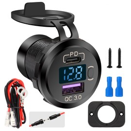 SVAHAOMG Quick Charge 3.0 Dual USB Car Charger Socket with LED Voltmeter and ON Off Switch Fused Wire Kit 12V/24V PD QC3.0 Fast Charge USB Outlet for Car Boat Marine RV Truck Golf