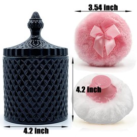 Luxury 4.2 Inch Glass Powder Container with 2 Plush Puffs｜Non-Sealed Refillable Organizer for Body Powder&Makeup｜Setting Powder Applicator w/ Loose Powder Storage(Pointed Cylinder-Black-Large)