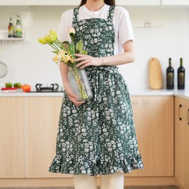 Pinknoke Vintage Pinafore Apron Dress for Women with Pockets Cute Floral Chef Aprons for Kitchen Cooking Baking Gardening (Green)