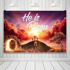 Leowefowa 10x8ft Jesus Christ Easter Backdrop He is Risen Holy Ligh Background for Photography Empty Tomb Crosses Sunset Sky Stone Door Crucifix Christianity Church Events Decor Photo Studio Props