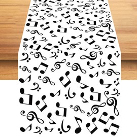 Linen Musical Notes Table Runner Black and White Musical Notes Tablecloth Music Party Decorations and Supplies for Home Kitchen Table-13×72''