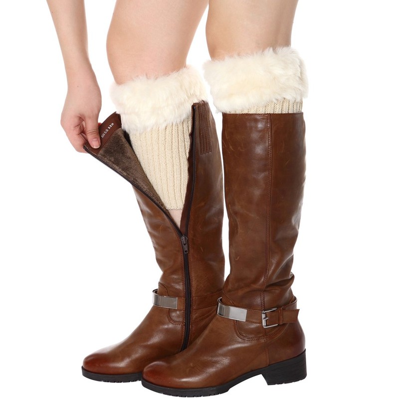 Womens Fur Trim Boot Cuff Top Cover Leg Warmers Ivory