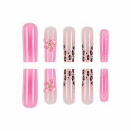 MISUD Press on Nails Long Square Fake Nails Glossy Glue on Nails Cheetah French Tip Acrylic Nail Supplies Squoval Artificial Nail Art Pink Ombre Stick on False Nails with Design DIY 24 pcs