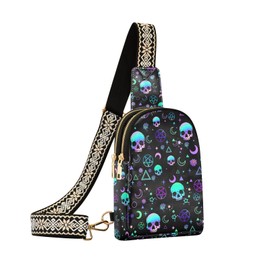 NCRJCZQL Magic Skull Crossbody Sling Bag for Women Leather Shoulder Chest Bag Small Fanny Pack for Hiking Travel