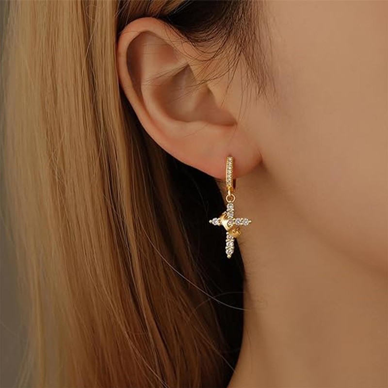 Crown Cross Earrings for Women Gold Cross Hoop Earrings Silver
