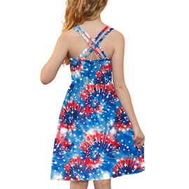 Fourth of July Baby Girl Outfit Criss Cross Patriotic Red and Blue Firework Tie Dye Midi Dress 5-6 Years