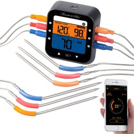 Rosenstein & Söhne Baking Thermometer: Professional BBQ Thermometer with Bluetooth and App, Colour Display, 6 Probes (Thermometer Bluetooth, Digital Thermometer, Multiple Temperature Sensors)