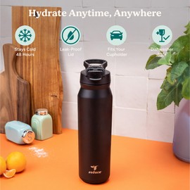 REDUCE 32 oz Hydrate Pro Stainless Steel Insulated Water Bottle - Flip Top Leak-Proof Lid, Dishwasher Safe, BPA-Free, Dual Wall Vacuum, Keeps Drinks Cold for 48 Hrs, Cup Holder Friendly - Mineral Blue