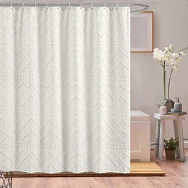 Inshere White Boho Farmhouse Shower Curtain for Bathroom with 12 Hooks, Modern Textured Tufted Geometry Moroccan Minimalist Cute Aesthetic Shower Curtain Set for Bathroom Decor 72 x 72 Inch