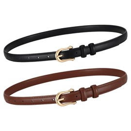XZQTIVE 2Pack Women Leather Belt for Jeans Pants Fashion Skinny Belt 0.7" Thin Ladies Basic Belt for Dresses with Gold Buckle,Fits Waist Size 42"-46"(Black+Coffee)