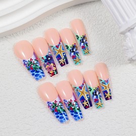 BABALAL Press on Nails Long Coffin Fake Nails Blue French Tip Glue ons Nails Summer Beach Design Acrylic Nails 24Pcs Bling Ballerina False Nails