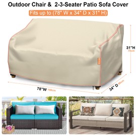 Patio Sofa Cover, 3-Seater Outdoor Couch Covers Waterproof Winter, Patio Furniture Cover Loveseat, Outdoor Sofa Covers with Anti UV and No Tears, No Fading (Beige, 78" W x 34" D x 31" H)