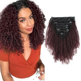 ABH AMAZINGBEAUTY HAIR 4B 4C Afro Coily Clip in Hair Extensions Human Hair For Black Women Double Wefts Afro Kinky Curly Clip in Human Hair 120G 7Pcs Natural Black and Red Wine T#1B/99j 12 Inch