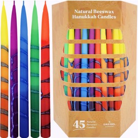 The Dreidel Company Dripless Hanukkah Premium Beeswax Candles Multicolored 1-Hour BurnTime, Hand-Made Striped Deluxe Tapered Decorations, Chanukkah Menorah Candles for All 8 Nights of Chanukah
