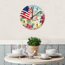 15 Inch Silent Non-Ticking Wall Clocks Fourth of July Patriotic USA American Flag Home Decoration for Patio Arabic Numerals Retro Round Wooden Wall Clock Rustic for Conference Room Nursery