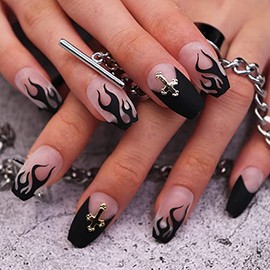 MISUD Coffin Press on Nails Short Black Flame Ballerina Fake Nails Matte False Nails Full Cover Short Acrylic Nails for Women and Girls