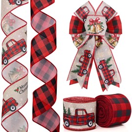 2 Rolls 20 Yards Vintage Red Truck Burlap Ribbon - 2.5 Inch Wired Edge - Merry Christmas Red Black Buffalo Plaid - Perfect for Xmas Wreath, Bow & Gift Wrapping