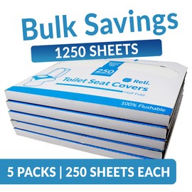 Reli. Toilet Seat Covers (1250 Pcs, 5 Packs of 250) | Disposable Toilet Seat Cover - Flushable - 14x16" (Half-Fold) | Paper Toilet Liners for Bathroom, Travel, Camping, Kids Potty Training