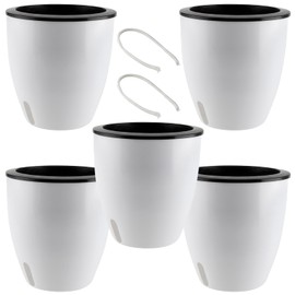 HEIHAK 5 Pack 7 Inch Self Watering Plant Pots, White Plastic Self Watering Flower Pots with Visual Water Level Window, Self Watering Planter for Indoor Plants, Herb, African Violet, Succulent